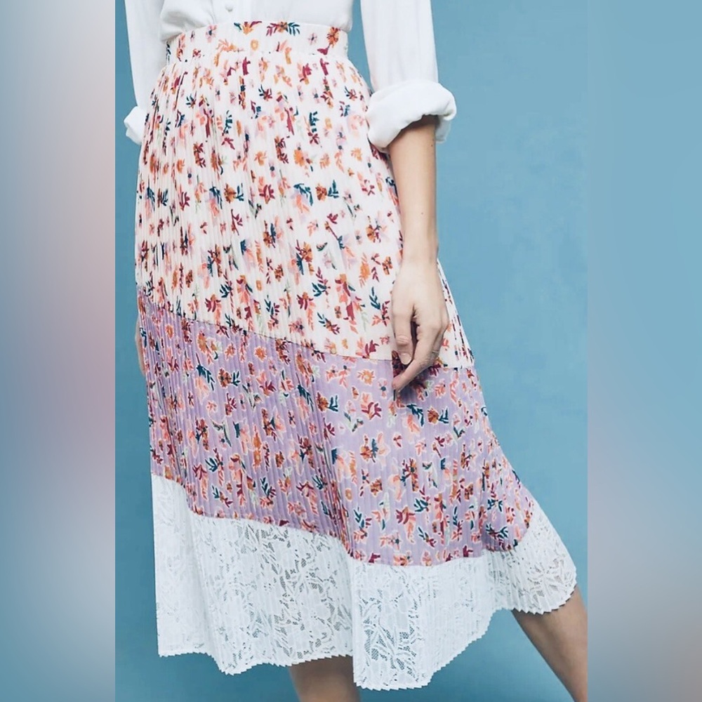 Anthropologie Laia Pleated Floral & Lace Midi Cottagecore Skirt Boho Patchwork